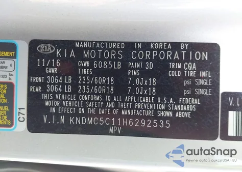 2017 Kia Sedona Ex из США, поврежденный, VIN KNDMC5C11H6292535